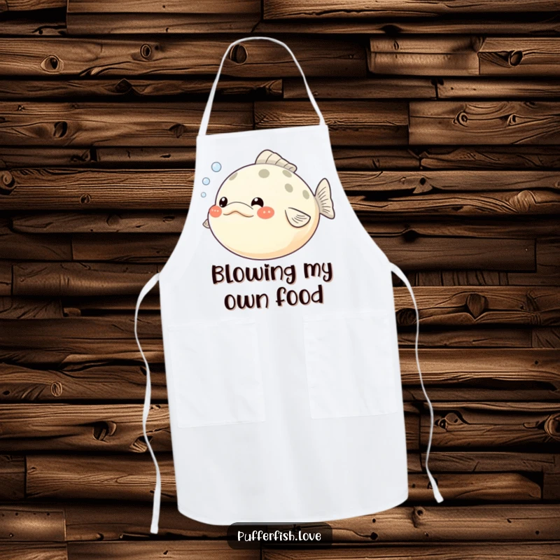 Funny Pufferfish Apron: A cute pufferfish with puffed cheeks releasing bubbles, worn by a chef for humorous kitchen activities, a great funny gift.