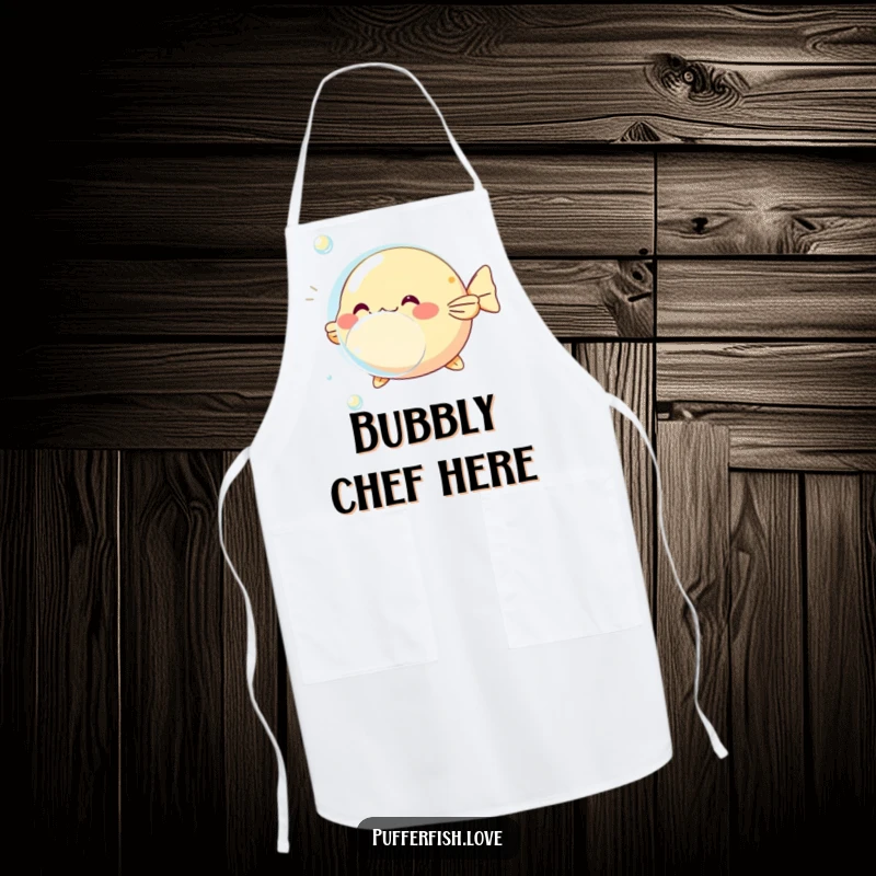 Funny pufferfish bubble apron, depicting a pufferfish inflating around a bubble, adding playful charm to kitchen wear.