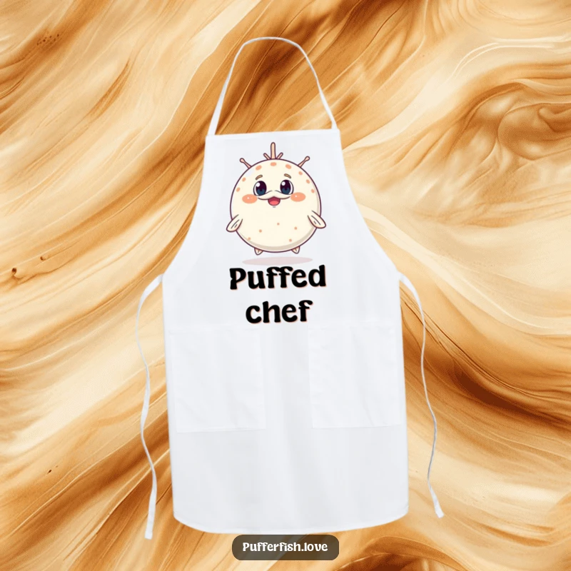 Funny Apron showcasing a pufferfish adorably inflating, its surprised, cheerful expression adding a touch of whimsical charm to your cooking.