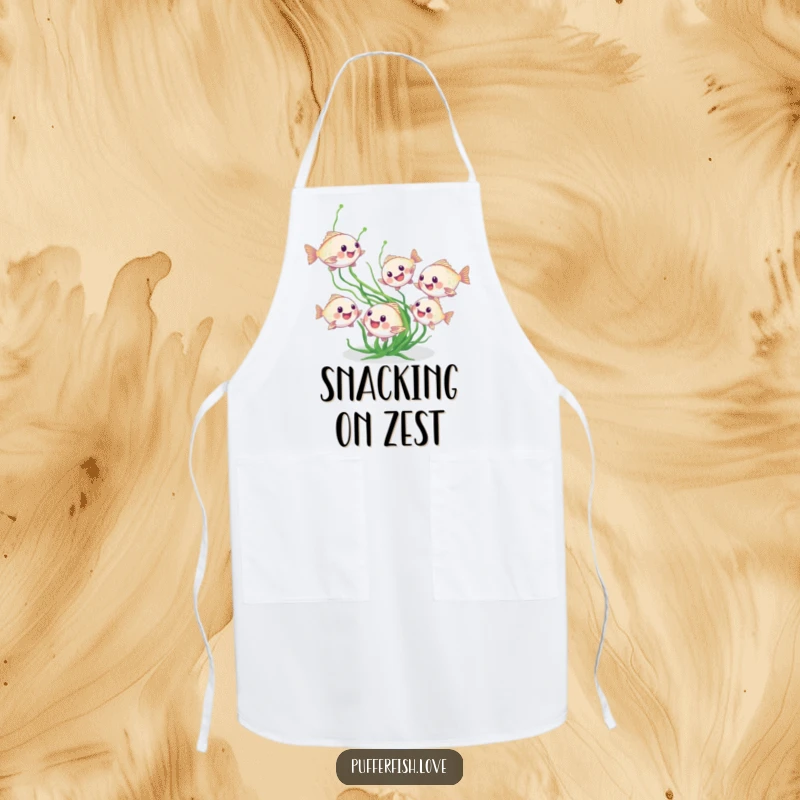 Funny pufferfish apron, depicting tiny fish playfully chasing seaweed, perfect for humorous cooking and as a functional funny gift.