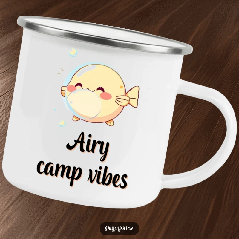 Funny pufferfish bubble camping mug, showing a playful pufferfish and bubble, perfect for outdoor drinks and aquatic fun.