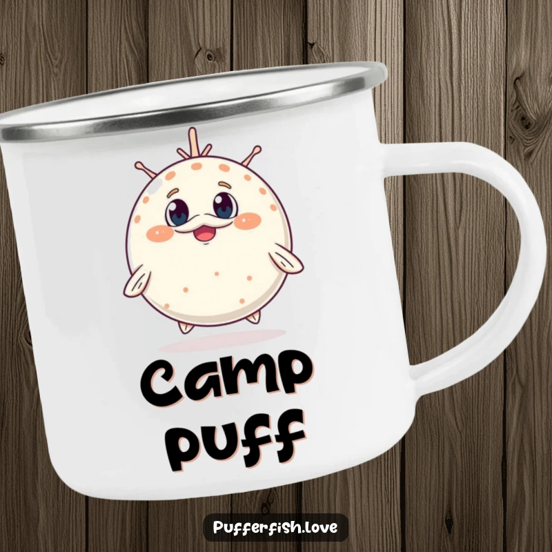 Funny Camping Mug of a pufferfish adorably inflating, its surprised, cheerful face ready for outdoor enjoyment.