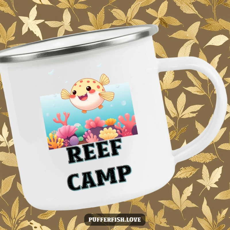 Funny Camping Mug of a pufferfish playfully bouncing on a vibrant coral reef, ready for enjoying drinks by the sea.