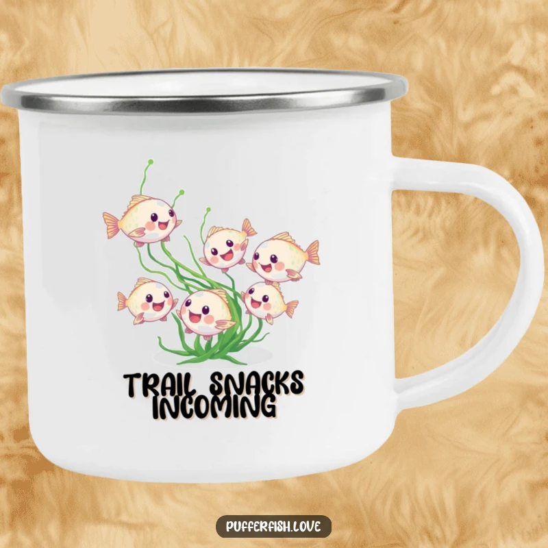 Funny pufferfish camping mug, showing tiny fish chasing seaweed, perfect for enjoying drinks outdoors with a humorous, playful vibe, a funny gift.