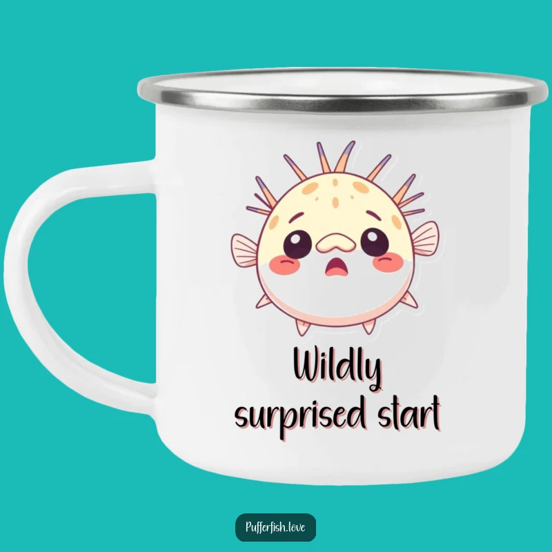 Funny Surprised Pufferfish Camping Mug: Enjoy Drinks with Comical Astonishment Outdoors