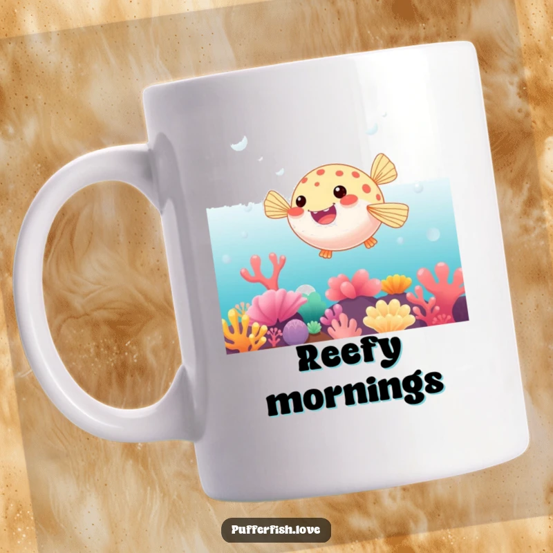 Funny Mug of a pufferfish playfully bouncing with delight on a vibrant, colorful coral reef, surrounded by aquatic life.