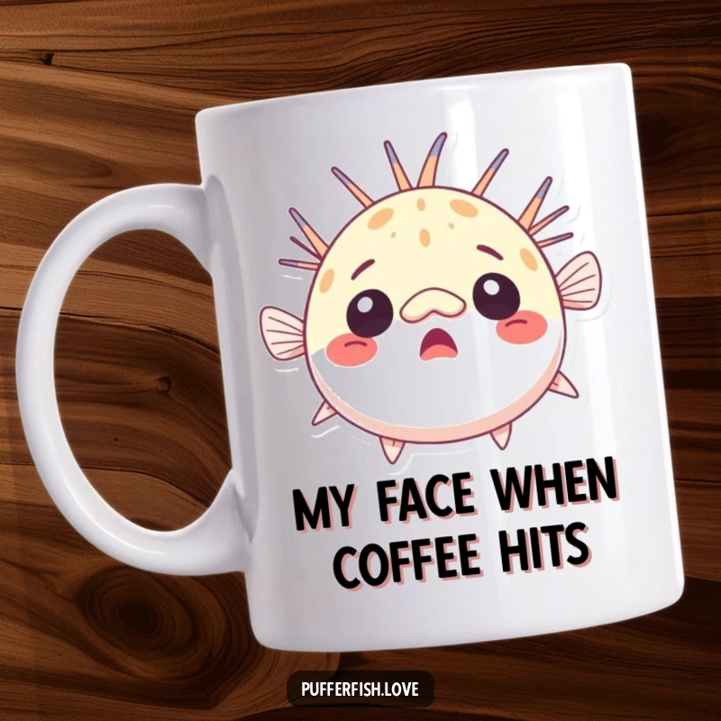Funny pufferfish mug with raised fins, looking comically surprised and round, a perfect gift for a humorous personality.