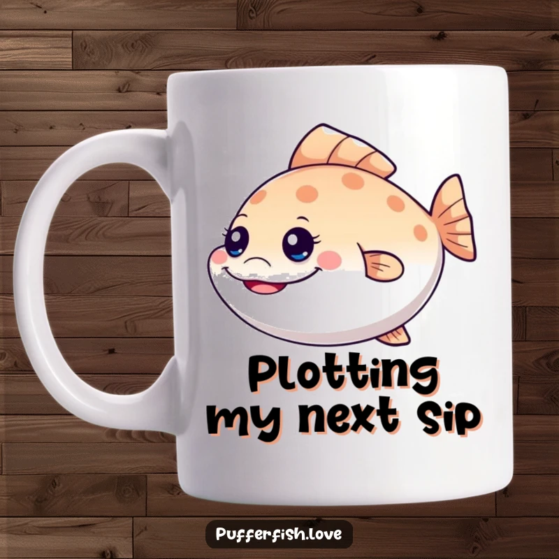 Funny mischievous pufferfish mug with a sly grin, wiggling its tail, conveying playful naughtiness, an ideal funny gift.