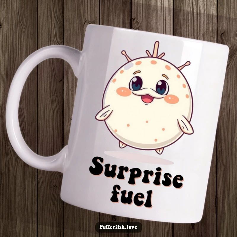 Funny Mug featuring a pufferfish adorably inflating, its expression a mix of surprised delight and cheerful curiosity.
