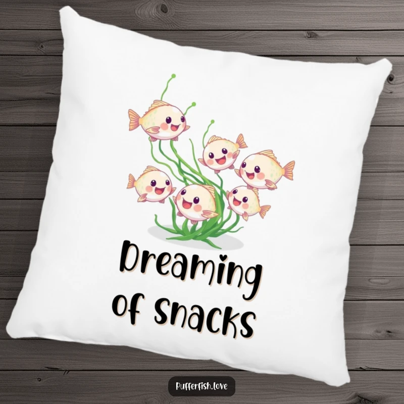 Funny pufferfish pillow showing tiny fish chasing seaweed, designed for comfortable humor and as a cute funny gift.