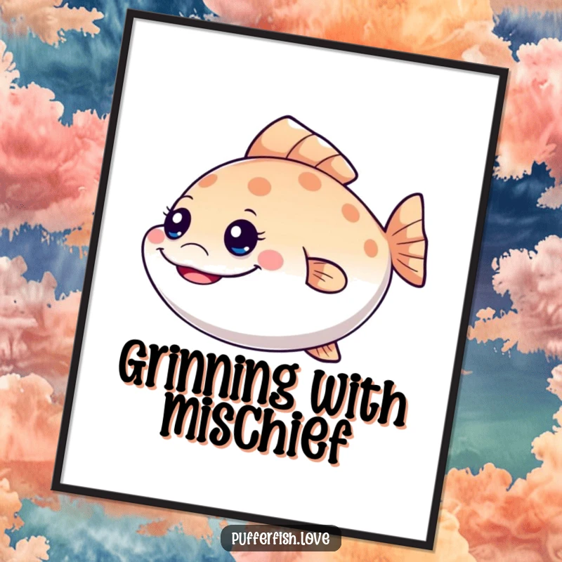 Funny mischievous pufferfish digital art, depicting a grinning fish wiggling its tail, perfect for instant humorous wall decor, a funny gift.