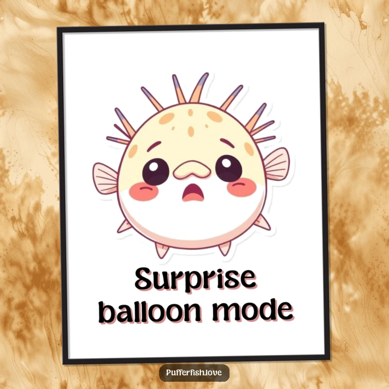Funny surprised pufferfish digital art, comically round with raised fins, looking surprised, perfect for instant humorous wall decor, a funny gift.