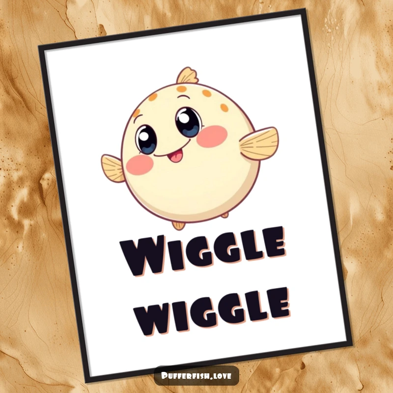 Funny Digital Art Print of a round pufferfish wiggling with incredible enthusiasm, its wide, happy eyes radiating sheer delight.