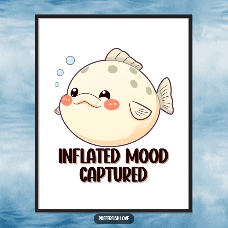 Funny Pufferfish Digital Art Print: A high-resolution image of a pufferfish with puffed cheeks and tiny bubbles, ready for printing and instant humorous decoration.