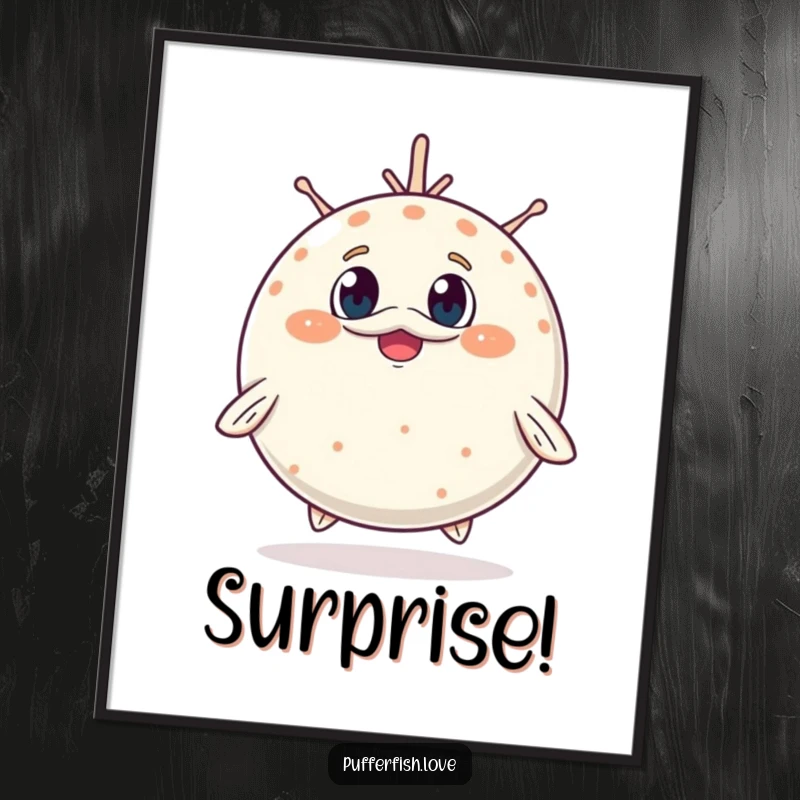 Funny Digital Art Print of a pufferfish adorably inflating, its surprised, cheerful expression radiating pure, whimsical cuteness.