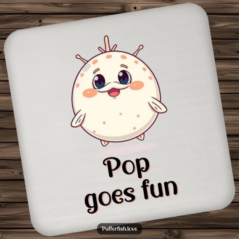 Funny Coasters showcasing a pufferfish adorably inflating, its surprised, cheerful expression bringing a touch of cute delight to your drinks.