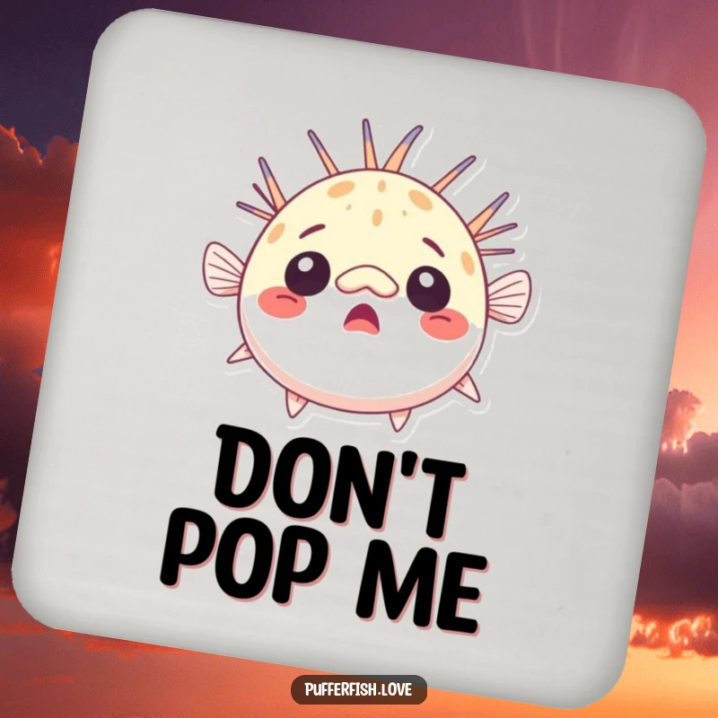 Funny surprised pufferfish coasters, comically round and astonished, protecting surfaces with humorous charm, an excellent funny gift.