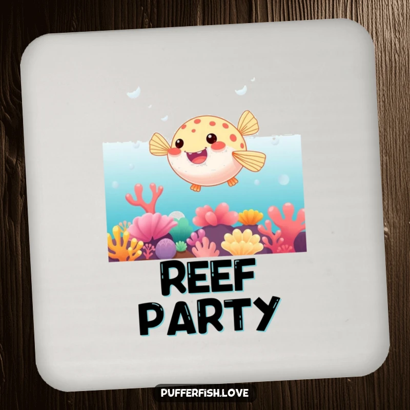 Funny Coasters showcasing a pufferfish playfully bouncing on a vibrant coral reef, adding a splash of underwater joy to your drinks.