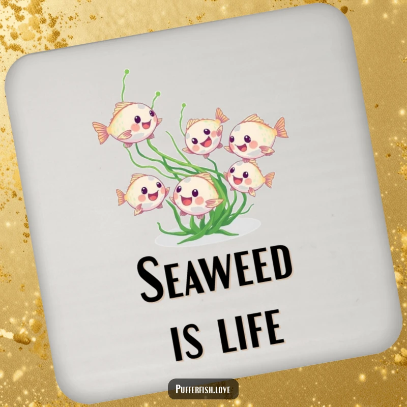 Funny pufferfish coasters, illustrating tiny fish chasing seaweed, protecting surfaces with marine humor, an excellent funny gift.