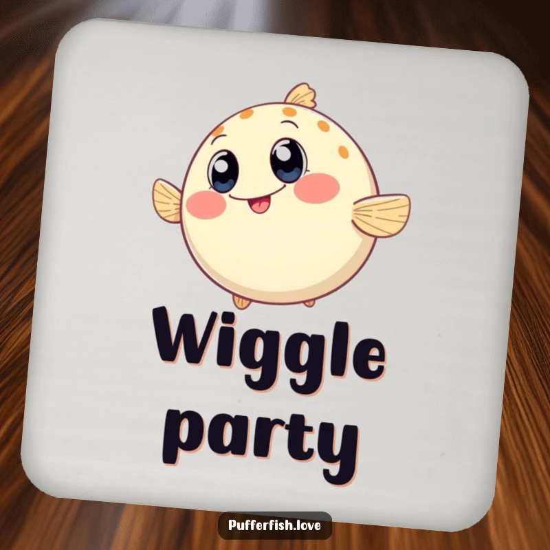 Funny Coasters showcasing a round pufferfish wiggling enthusiastically, its wide, happy eyes adding a dose of cheer to your drinks.