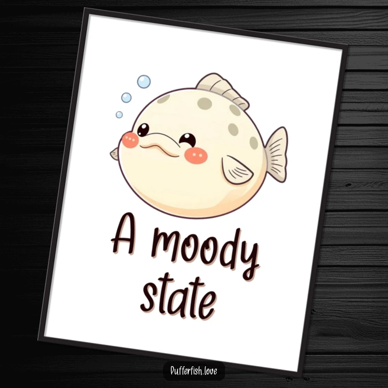 Funny Pufferfish Poster: A detailed illustration of a pufferfish with its cheeks comically puffed out, surrounded by tiny bubbles, a funny decorative piece.