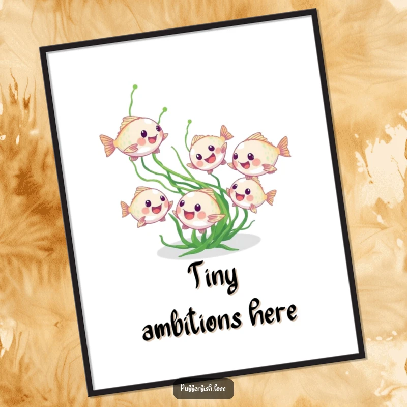 Funny pufferfish poster displaying tiny fish in a playful chase after seaweed, adding a touch of underwater fun to decor, a funny gift.