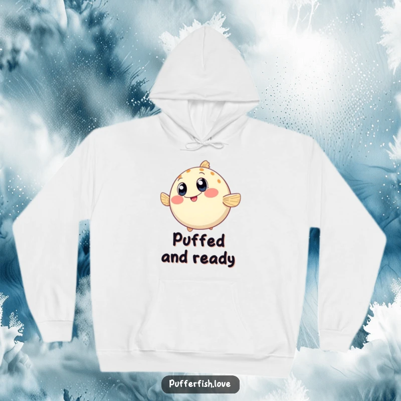 Funny Hoodie of a round pufferfish wiggling with immense enthusiasm, its wide happy eyes the epitome of aquatic delight.