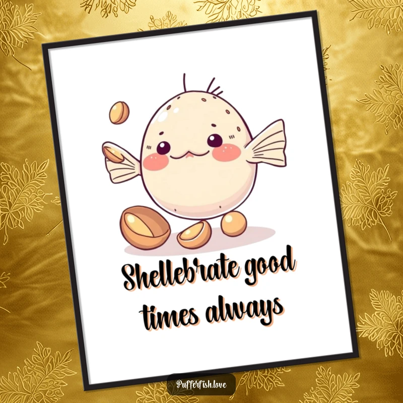 Cute Free Printable Wall Art featuring a kawaii pufferfish attempting to juggle small, shiny shells, adding a touch of charm.