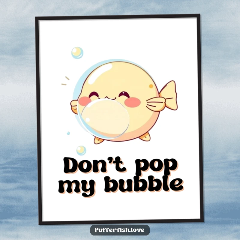 Funny Free Printable Wall Art featuring a cute pufferfish playfully inflating and deflating around a shimmering bubble. Downloadable whimsical decor.