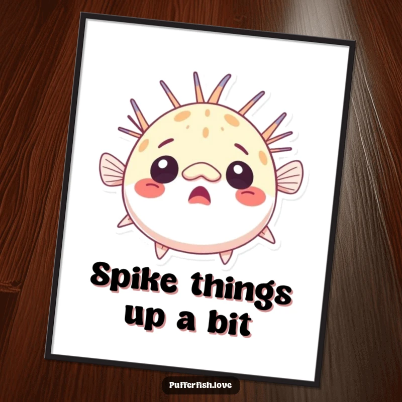 Funny Free Printable Wall Art of a round, comically surprised pufferfish with raised fins, bringing a quirky vibe to any room.