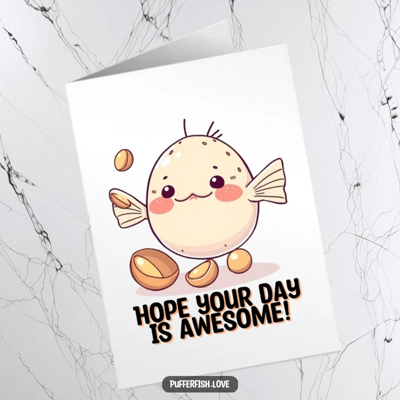 Cute Free Printable Birthday Card with a kawaii pufferfish attempting to juggle small, shiny shells, perfect for a fun birthday.