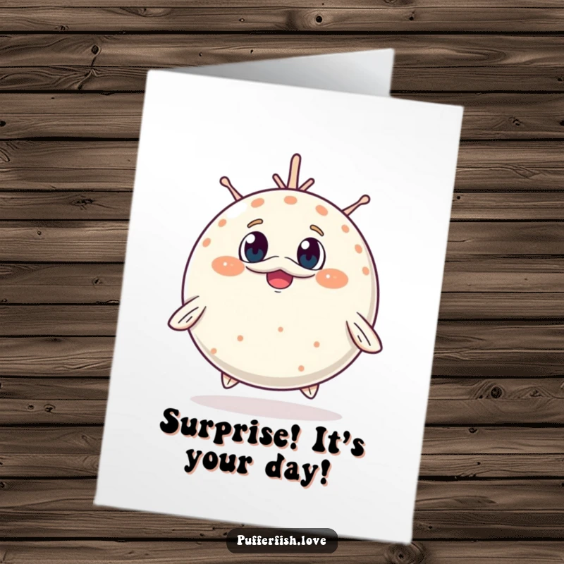 Funny Free Printable Birthday Card with an adorably inflating pufferfish showing a surprised, cheerful expression, perfect for a birthday surprise.
