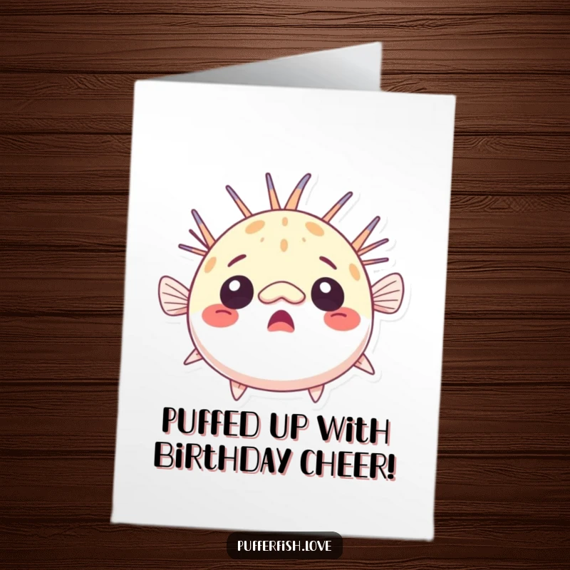 Funny Free Printable Birthday Card featuring a comically surprised, round pufferfish with raised fins, ready to deliver birthday cheer.