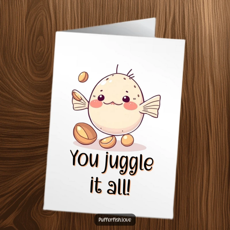 Cute Free Printable Congratulations Card showing a kawaii pufferfish attempting to juggle small, shiny shells, celebrating achievements.