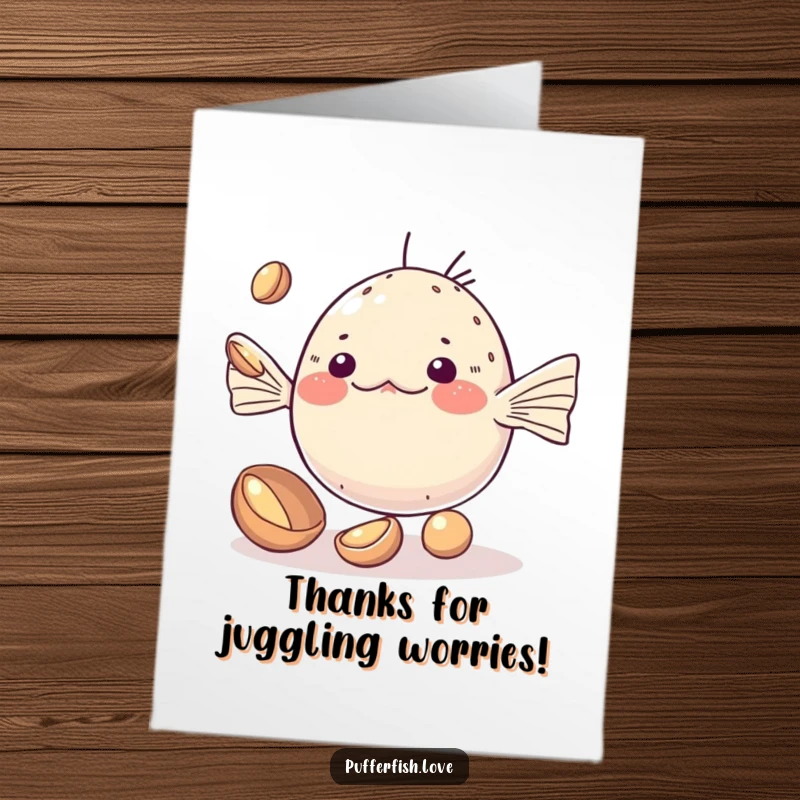 Cute Free Printable Thank You Card with a kawaii pufferfish attempting to juggle small, shiny shells, showing appreciation.