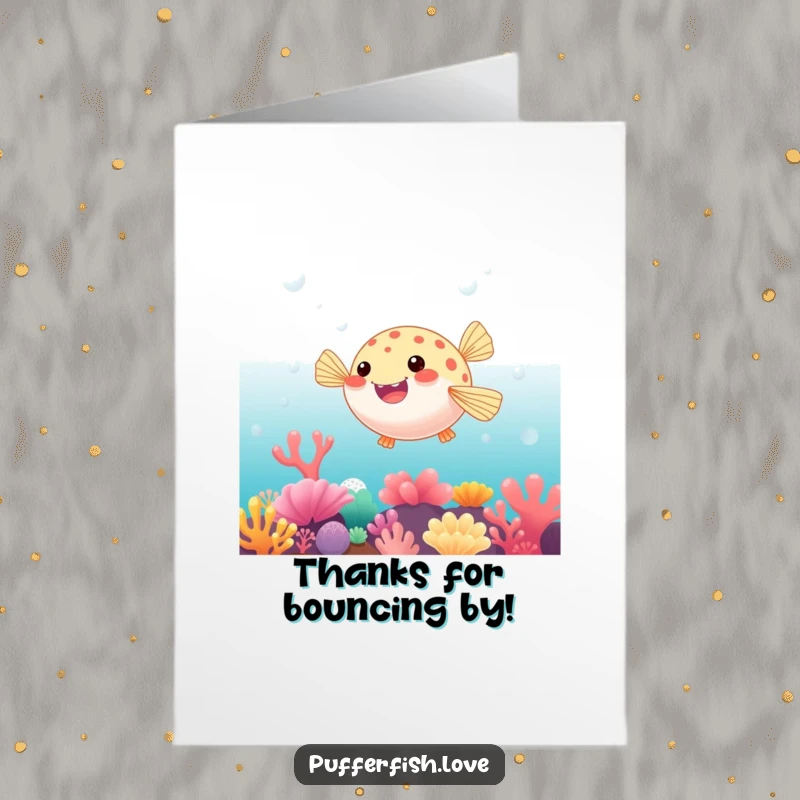 Funny Free Printable Thank You Card with a pufferfish playfully bouncing on a vibrant coral reef, showing appreciation.