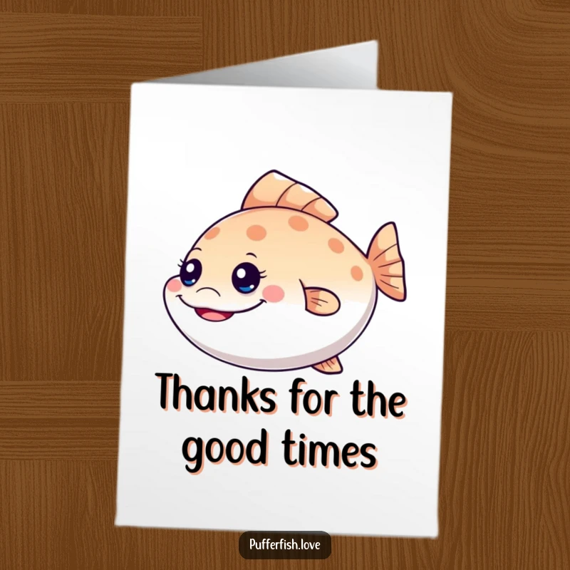 Funny Free Printable Thank You Card: A pufferfish with a mischievous grin and wiggling tail fin offering thanks with a playful wink.