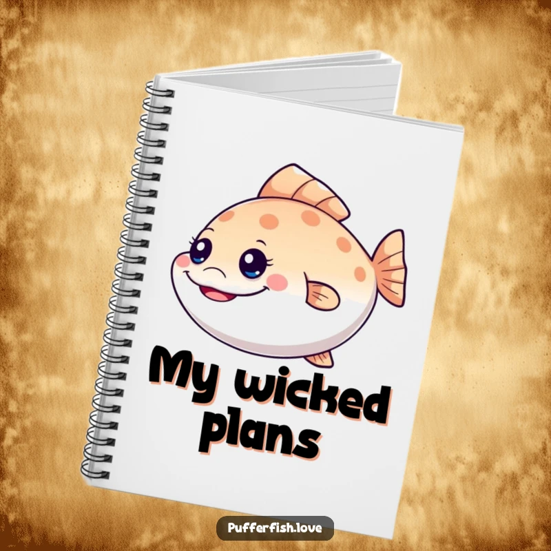Funny mischievous pufferfish notebook, featuring a grinning fish wiggling its tail, ideal for writing and planning with a humorous edge, a funny gift.