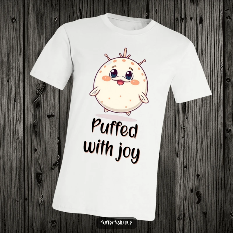 Funny T-Shirt of a pufferfish adorably inflating, its face showing a surprised yet cheerful expression, full of cute amazement.