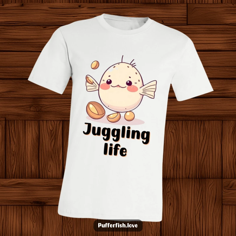 Funny T-Shirt of a kawaii pufferfish adorably attempting to juggle small, shiny shells, showcasing its cute determination and effort.
