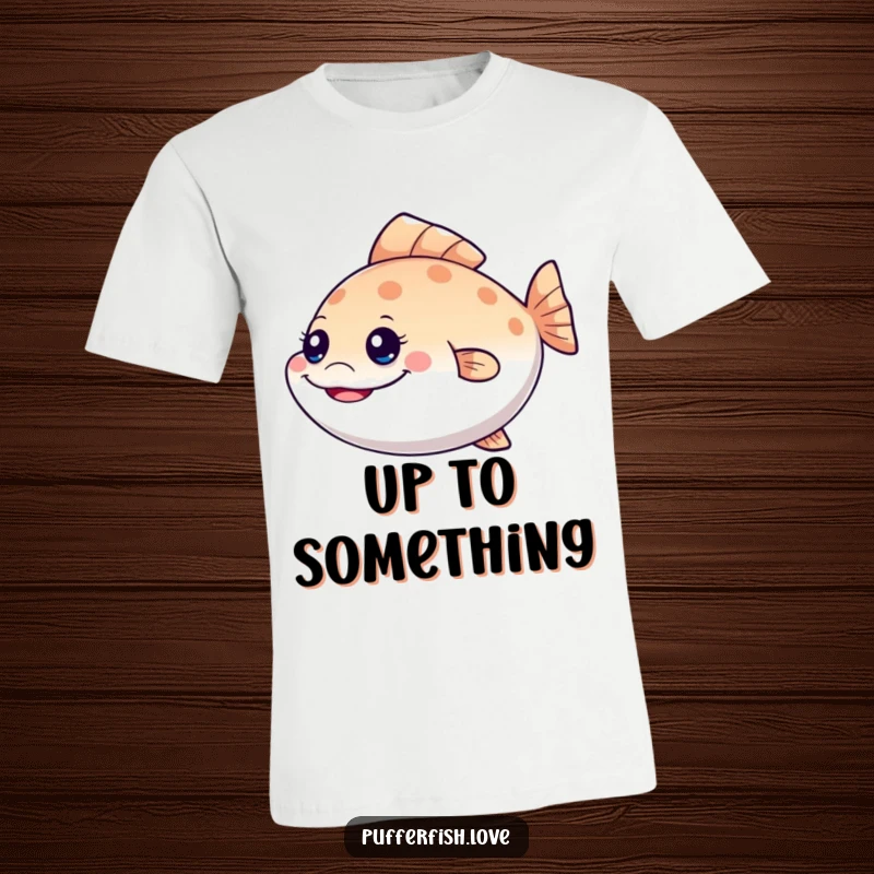Funny mischievous pufferfish t-shirt, featuring a grinning fish wiggling its tail, perfect for playful outfits and as a funny gift.