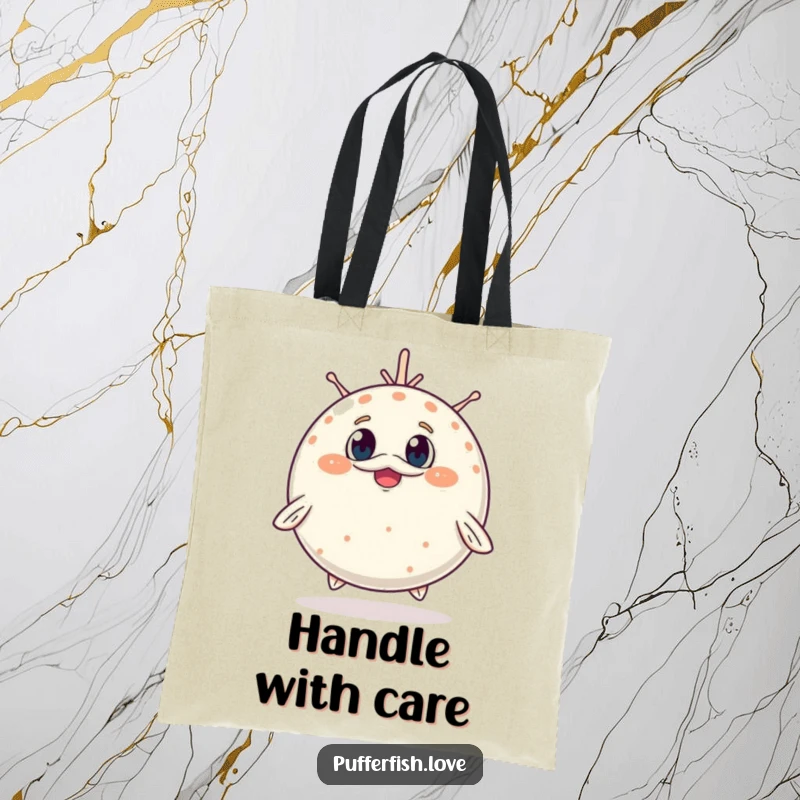 Funny Tote Bag showcasing a pufferfish adorably inflating, its surprised, cheerful face bringing a touch of aquatic magic.