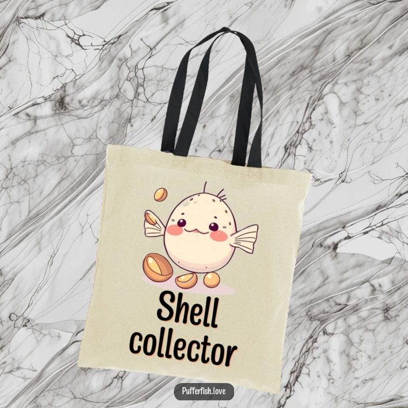 Funny Tote Bag showcasing a kawaii pufferfish adorably attempting to juggle small, shiny shells, celebrating cute determination.