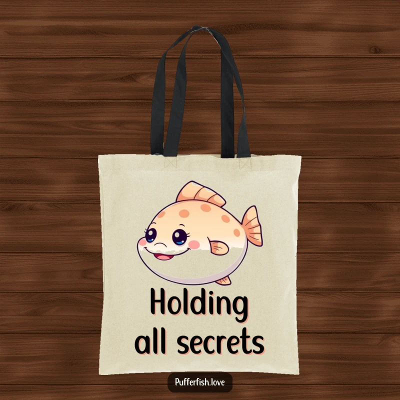 Funny mischievous pufferfish tote bag, featuring a grinning fish wiggling its tail, ideal for stylish carrying with a humorous edge, a funny gift.