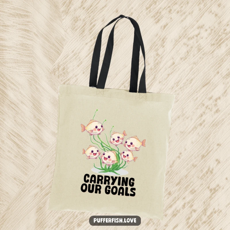 Funny pufferfish tote bag, featuring tiny fish chasing seaweed, perfect for carrying items with playful ocean vibes, a charming funny gift.