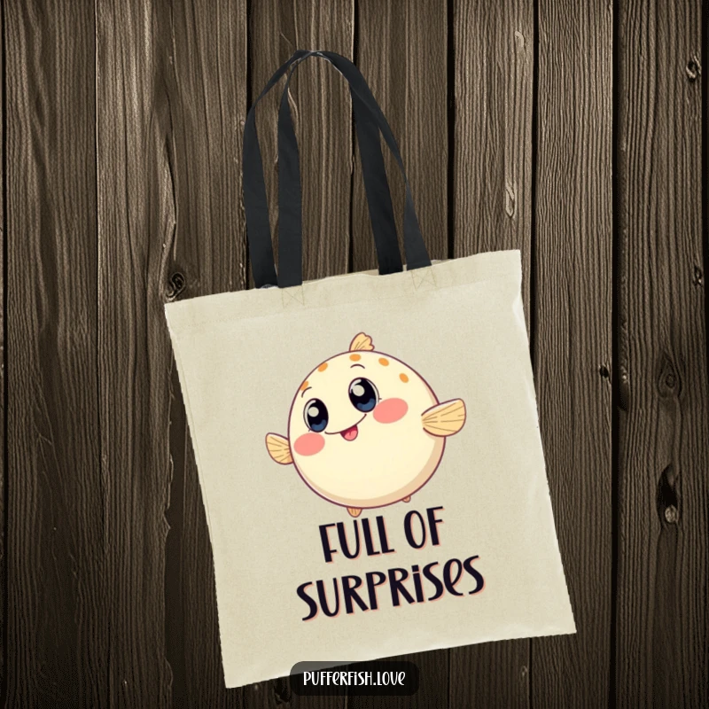 Funny Tote Bag showcasing a round pufferfish wiggling enthusiastically, its wide, happy eyes a symbol of pure, contagious excitement.