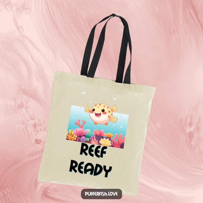Funny Tote Bag showcasing a pufferfish playfully bouncing on a vibrant coral reef, celebrating the beauty of marine life.